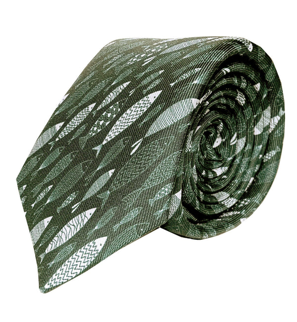 Schooling Fish Pattern Tie in Olive Green